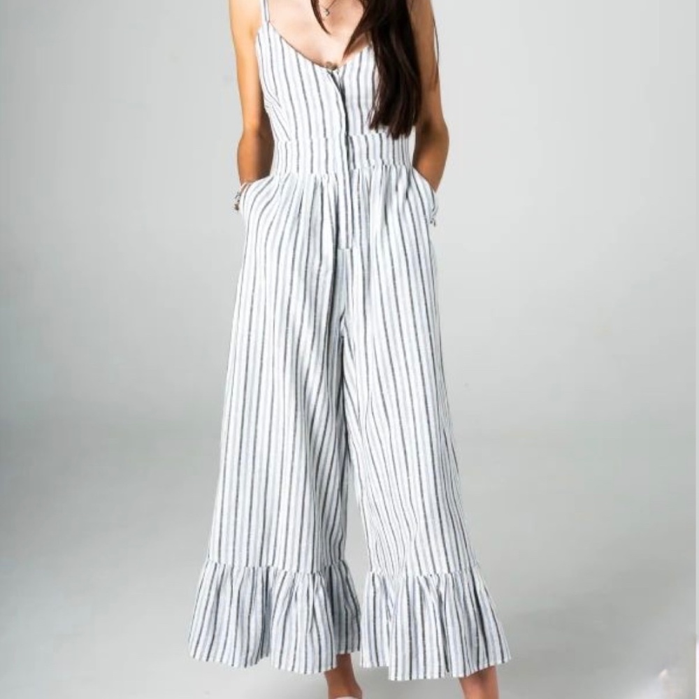 LoveShackFancy Edeline Navy Blue Stripped Sleeveless Ruffled Hem Jumpsuit Sz 4
